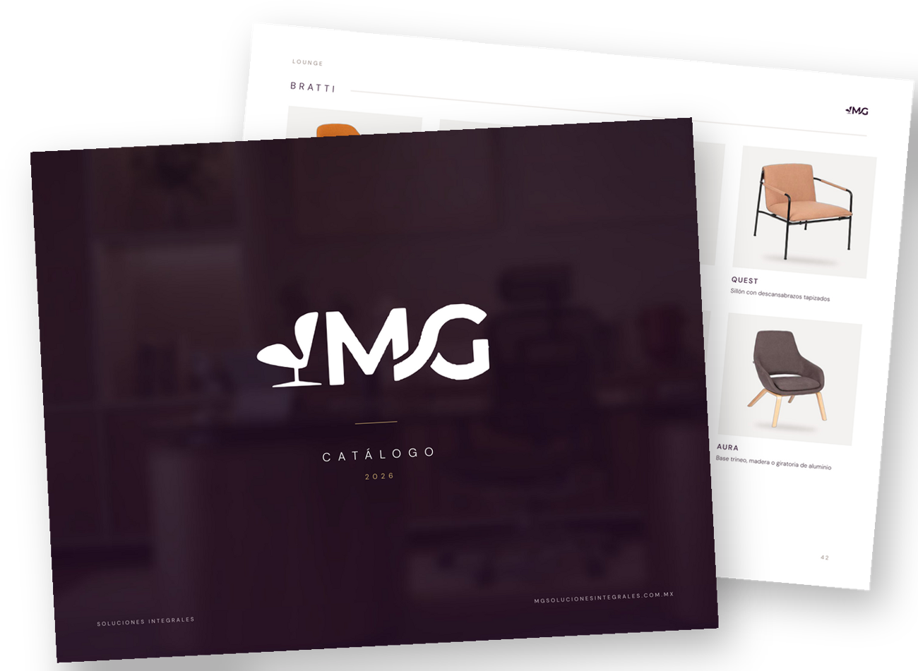 Portada y página interior del catálogo 2026 de MG Soluciones Integrales